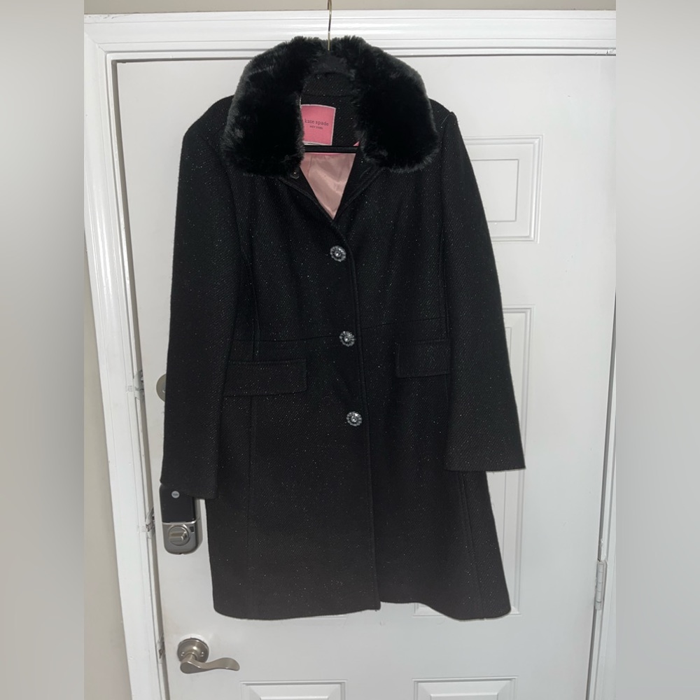 Black Kate Spade winter coat, faux fur trim
